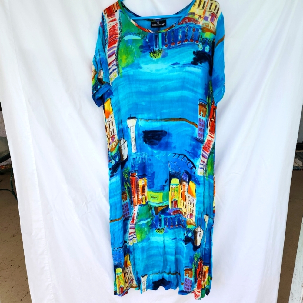 Carole Little II casual dress 3/4 length  48" long from back of neck, blue with